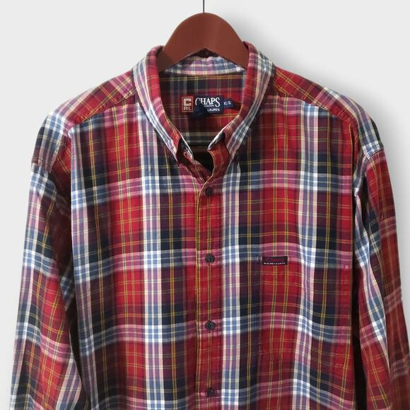 Chaps Ralph Lauren Madras Plaid Button Down Shirt XL Red Pocket Preppy Western - Picture 2 of 12